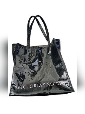 VICTORIA'S SECRET Black tote bag thick shiny vinyl extra large shopper coastal